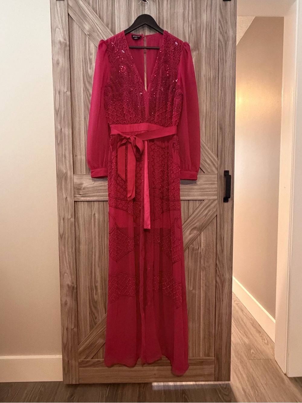 bebe Fuchsia Beaded V-Neck Maxi Dress